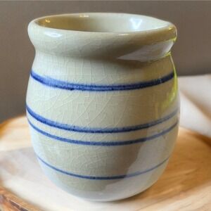 Vintage Marshall Pottery Glazed Pot Texas Small White Cobalt Blue Striped Signed